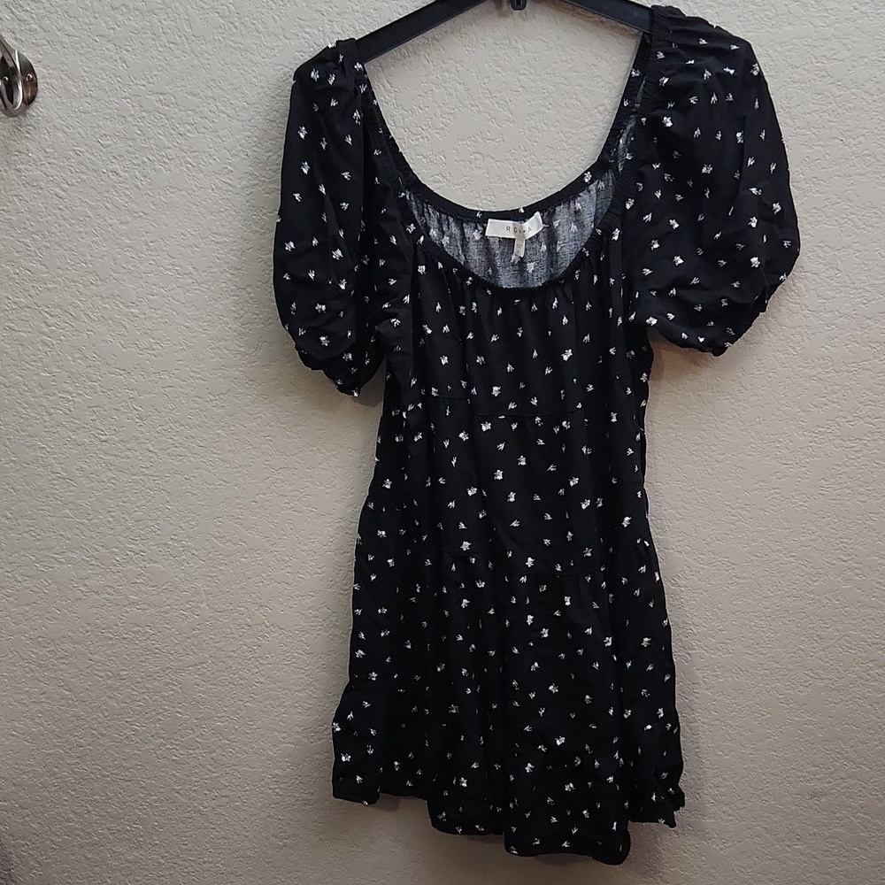Row A Dress Size XL Puff Sleeve Babydoll Black White Flowers Tiered